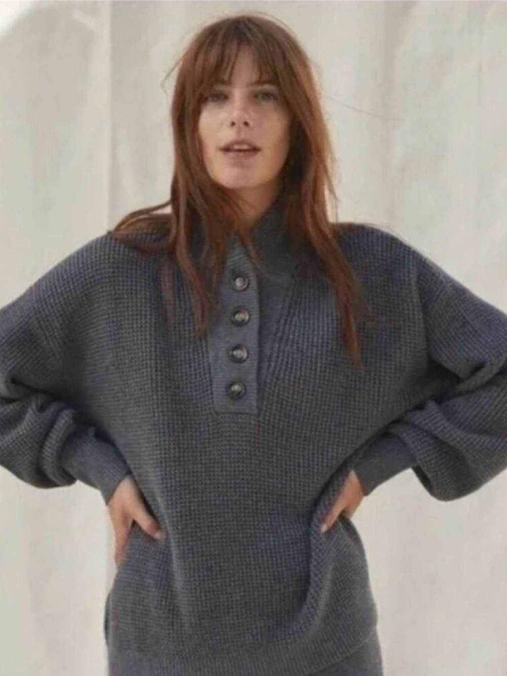 Lunya Cozy Cotton Silk Henley Sweater Gray Waffle Knit Oversized L XL